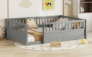English Elm Full Montessori Floor Bed Frame with Fence for Kids — Pine Play & Reading Space, Sturdy Low Profile Gray W1580P307886