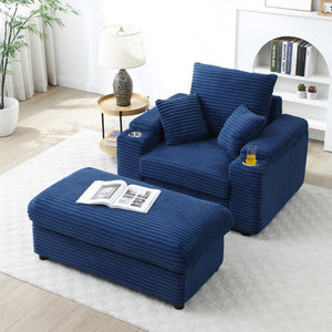 English Elm Oversized Corduroy Accent Chair with Ottoman Neck Pillow and Wide Armrests for Cozy Reading Blue W1117S00251