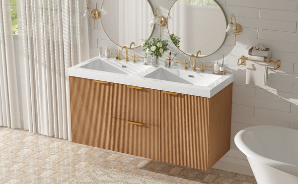English Elm [video]47.24 Inch Floating Double Sink Vanity Mdf Cabinet Gold Handles Modern Bath N729P000025N
