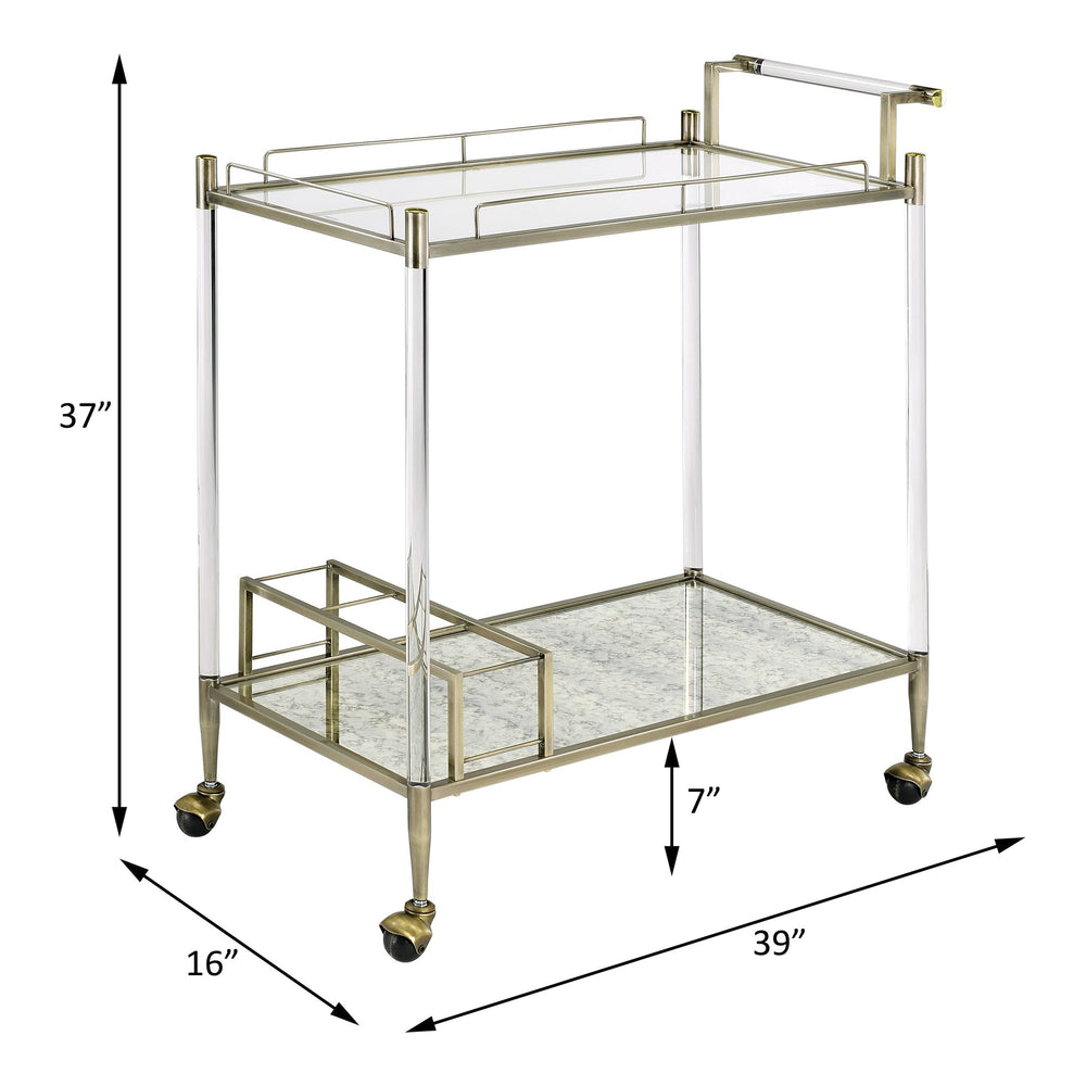 English Elm Cirro Antique Brass & Mirror Serving Cart with Tempered Glass Shelves, Wine Holder, Casters Elegance B2726P255331
