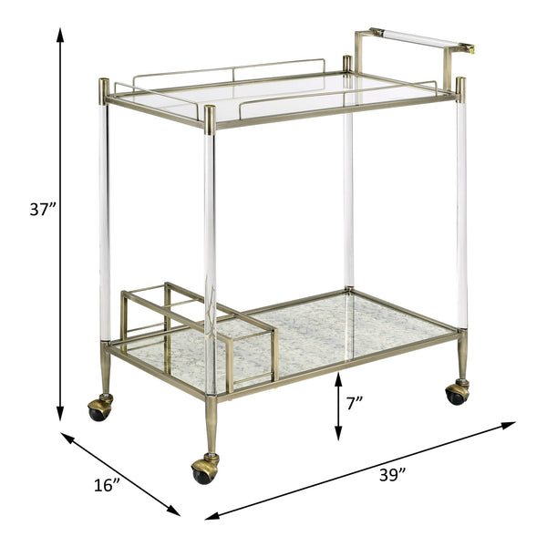 English Elm Cirro Antique Brass & Mirror Serving Cart with Tempered Glass Shelves, Wine Holder, Casters Elegance B2726P255331