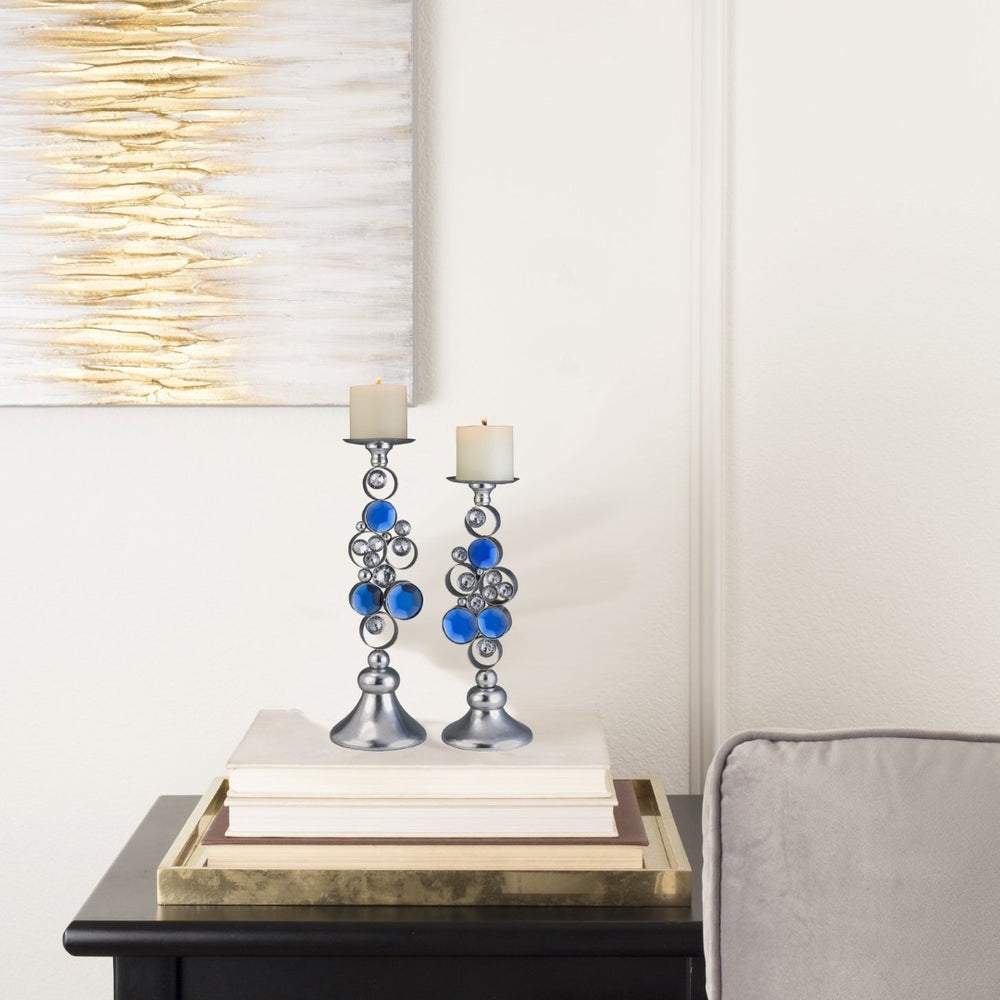 English Elm 14" Polyresin Bejeweled Candleholder Set Turquoise Gem Accents Glam Silver Decor B072116544