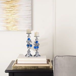 English Elm 14" Polyresin Bejeweled Candleholder Set Turquoise Gem Accents Glam Silver Decor B072116544