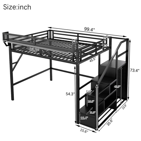 English Elm Queen Metal Loft Bed with Stair Storage Wardrobe and Under-bed Space for Teens W2580S00059