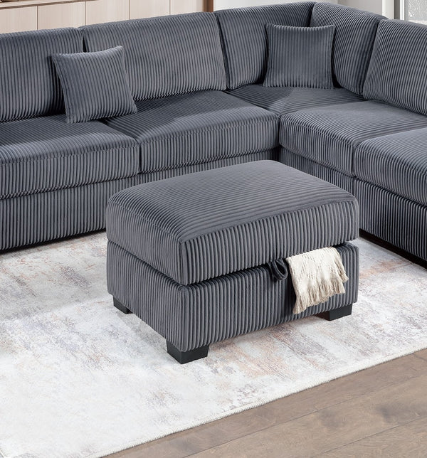 English Elm Dark Gray Wide-Welt Corduroy Sectional Sofa 3pc L-Shaped Reversible Chaise w/ USB Storage Ottoman B011S01771