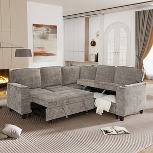 English Elm L-shaped Chenille Sectional Sleeper Sofa with Storage and Usb Charging Ports Light Brown W1998S00089