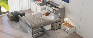 English Elm Full Size Captain Platform Bed Frame With Storage, Bookcase Headboard & Configurable Drawers, Gray N7090000473E