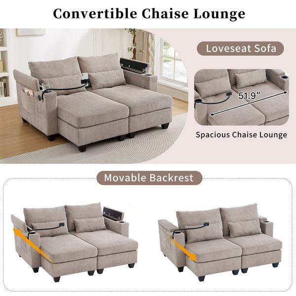 English Elm Convertible Chaise Lounge 63" Loveseat Sofa Bed With Usb Ports, Cup Holders & Storage For Small Spaces N719S002020D