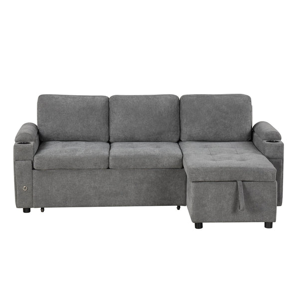 English Elm 83.5" L-shaped Sofa Couch Convertible Sectional with Reversible Chaise, Hidden Storage, USB Ports Gray N719S001790E