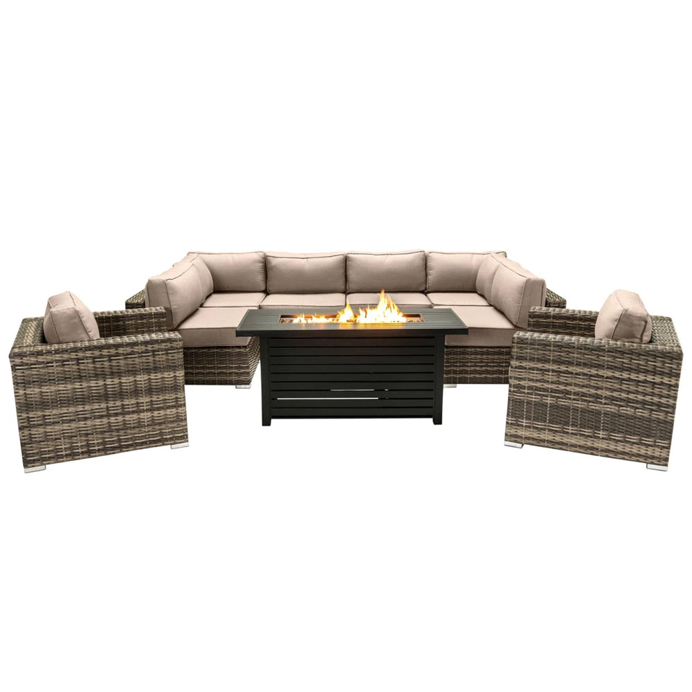 English Elm Lsi 9-Piece Outdoor Sectional Set With Luxurious Fire Pit Table & Weather-Resistant Cushions B120S00117