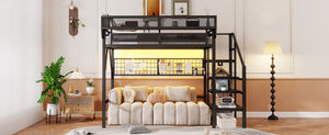 English Elm Full Size Metal Loft Bed with Wardrobe Stairs Rgb Lighting Industrial Frame W2580S00051