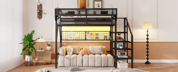 English Elm Full Size Metal Loft Bed with Wardrobe Stairs Rgb Lighting Industrial Frame W2580S00051