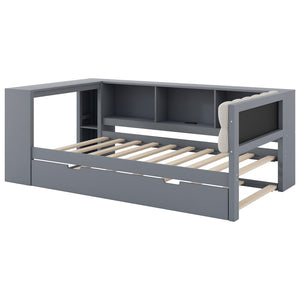English Elm Wood Twin Platform Bed Linen Headboard Storage Shelves Trundle Charging Station Gray N709P004023E