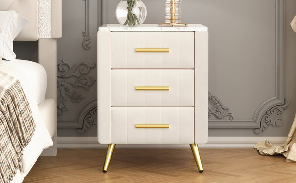 English Elm Upholstered Velvet Nightstand with Faux Marble Top Three Drawers and Slim Metal Legs Beige N733P208520A