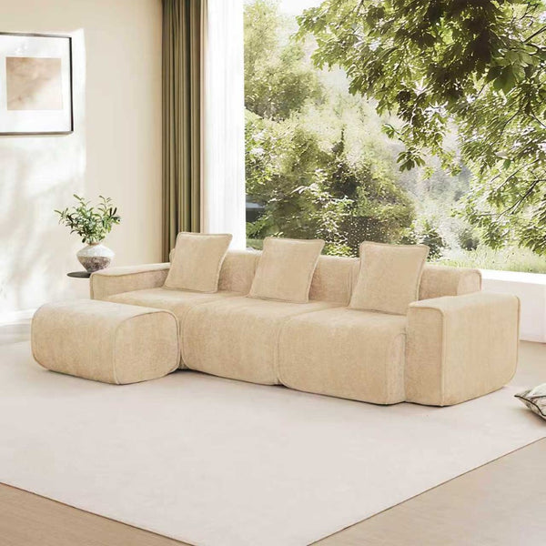 English Elm Streamlined Velvet L-shaped Sectional Sofa with Ottoman and Cloud Cushion Living Room Light Camel W3041S00352