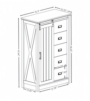 English Elm 5 Drawer Dresser with Sliding Barn Door — Farmhouse Modern MDF Chest with Metal Handle, Adjustable Shelves, Spacious Top White W2275P206613