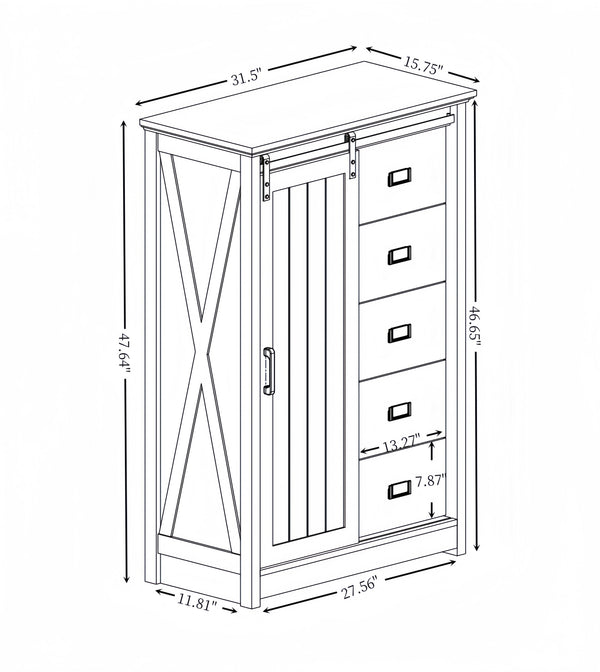 English Elm 5 Drawer Dresser with Sliding Barn Door — Farmhouse Modern MDF Chest with Metal Handle, Adjustable Shelves, Spacious Top White W2275P206613