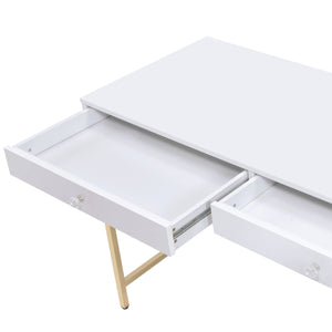 English Elm Ottey Gloss White Vanity Desk with Gold Metal Legs, 2 Drawers, High-Gloss MDF Top, Contemporary Design B2726P315732