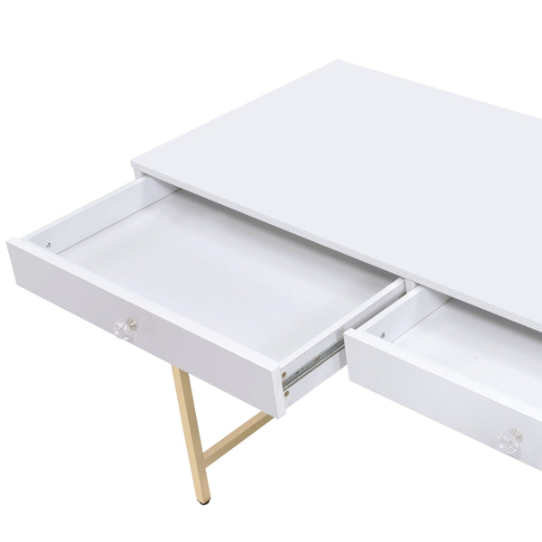 English Elm Ottey Gloss White Vanity Desk with Gold Metal Legs, 2 Drawers, High-Gloss MDF Top, Contemporary Design B2726P315732