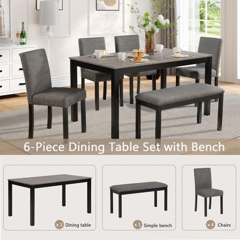 English Elm 6-Piece Stylish Dining Table Set With Bench & Chairs, Modern Light Grey & Black For Kitchen & Dining W1998S00060