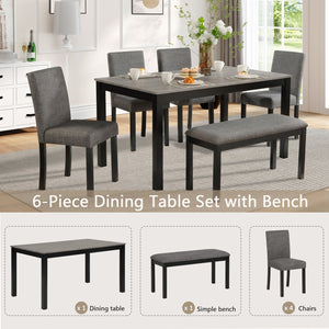 English Elm 6-Piece Stylish Dining Table Set With Bench & Chairs, Modern Light Grey & Black For Kitchen & Dining W1998S00060