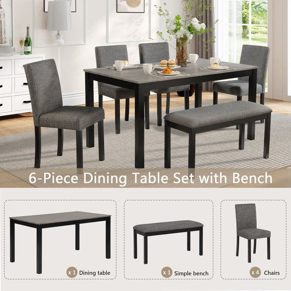 English Elm 6-Piece Stylish Dining Table Set With Bench & Chairs, Modern Light Grey & Black For Kitchen & Dining W1998S00060