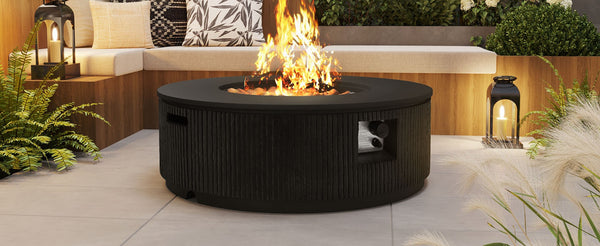 English Elm U_style Round Mgo Propane Fire Pit 50000 Btu Sculptural Outdoor Patio Table with Lava Rocks Black N711P410549E