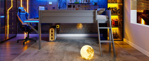 English Elm Wood Full Size Gaming Loft Bed with Desk, LED Lighting, Grey — Sturdy Pine Storage, 400lb Capacity, Space-Saving Design N709P236480E