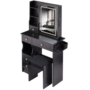 English Elm 29.2" Compact Desktop Vanity Set With Touch-Control Led Mirror, Usb Ports, Stool & Hair Dryer Holder W936P202460