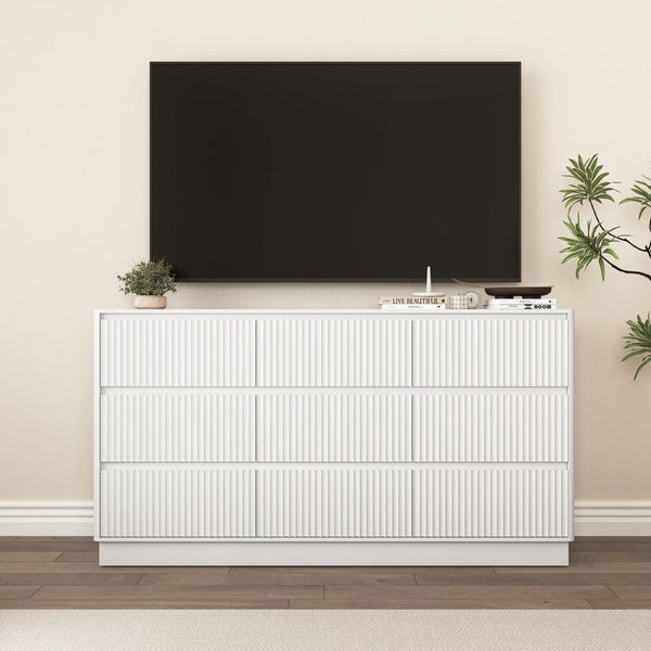 English Elm 9 Drawer Matte Wood Dresser with Wave Front Mid Century Modern Low Profile Storage White W409P387581