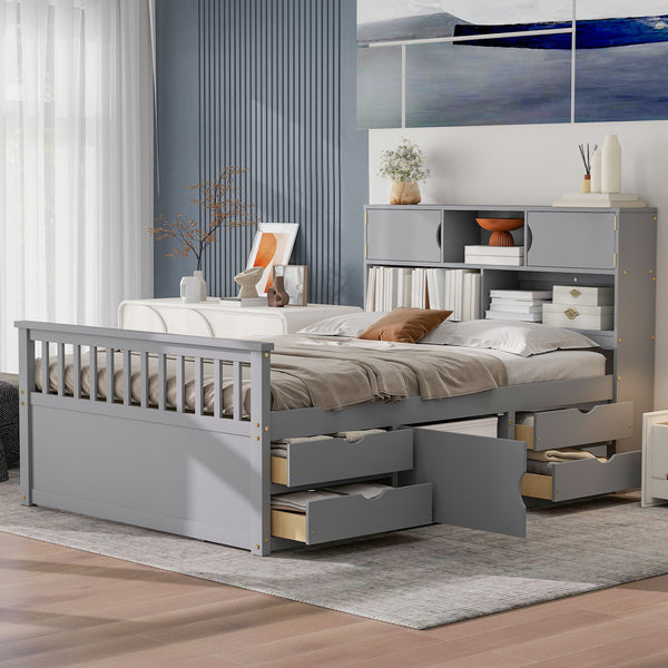 English Elm Full Size Captain Platform Bed Frame With Storage, Bookcase Headboard & Configurable Drawers, Gray N7090000473E