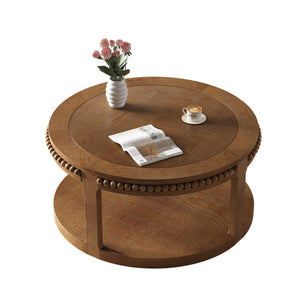 English Elm 31.5 Inch Round Solid Wood Coffee Table Two-Tier Thick Top Sturdy Legs 100lb Capacity, Elegant Finish Walnut Brown W1445P341375