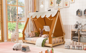 English Elm Twin Cabin Bed with Detachable Tent Skylight and Woodland Deer Antler Accents Brown N708P356716D