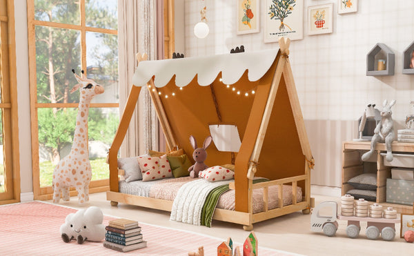 English Elm Twin Cabin Bed with Detachable Tent Skylight and Woodland Deer Antler Accents Brown N708P356716D