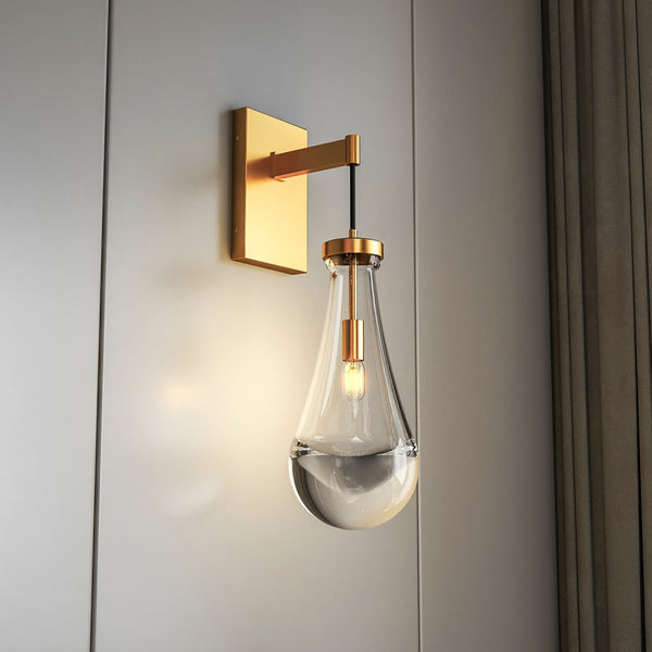 English Elm Brass Raindrop Glass Wall Sconce - Dimmable Handblown LED E12, Brushed Finish for Vanity/Homeelight W1340P316389