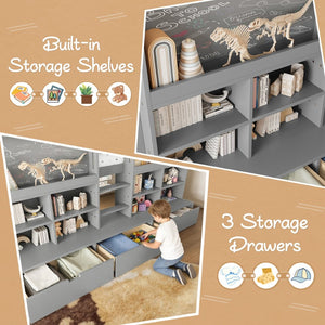English Elm Twin Xl Low Loft Bed with Curtain Hideaway Chalkboard and Built-in Storage Shelves W1580S00400