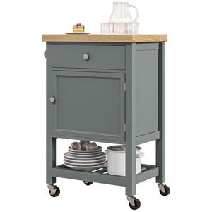 English Elm HOMCOM Rolling Kitchen Cart with Rubberwood Butcher Block Top, Drawer Cabinet Shelf & Towel Rack Gray W2225P217413