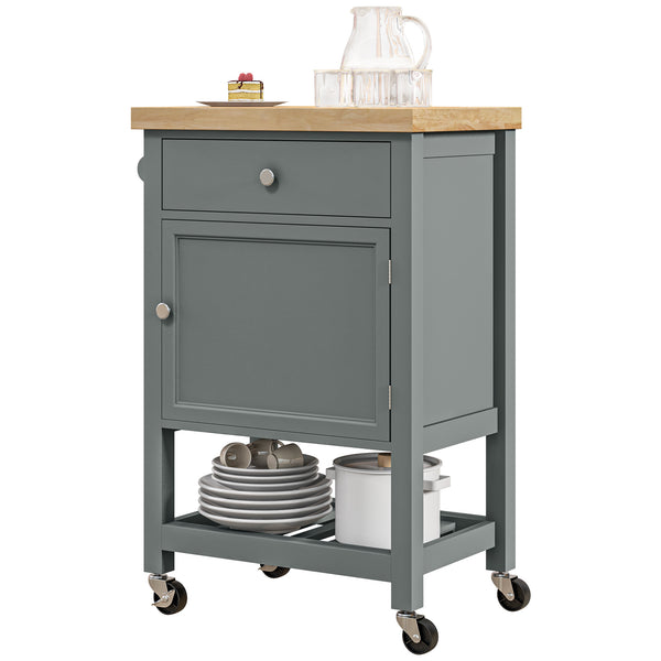 English Elm HOMCOM Rolling Kitchen Cart with Rubberwood Butcher Block Top, Drawer Cabinet Shelf & Towel Rack Gray W2225P217413