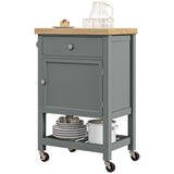 English Elm Homcom Utility Kitchen Cart, Rolling Kitchen Island With Smooth Rubberwood Top, Narrow Butcher Block Surface On Wheels With Storage Drawer & Cabinet, Gray