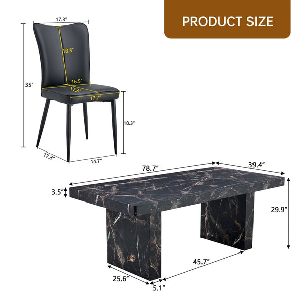English Elm Table and Chair Set 9 Piece Black Marble Mdf Dining with Pu Leather Seating W1151S04139
