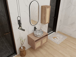 English Elm 30" Floating Bathroom Vanity Set with Ceramic Vessel Sink and Rattan Side Cabinet W999S00497