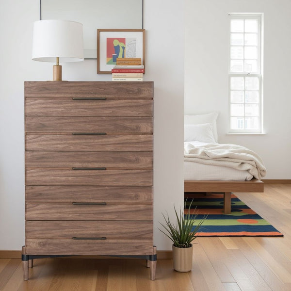 English Elm Tranquility Five Drawer Walnut Veneer Chest with Mid-century Legs and Bronze Hardware B108P411444