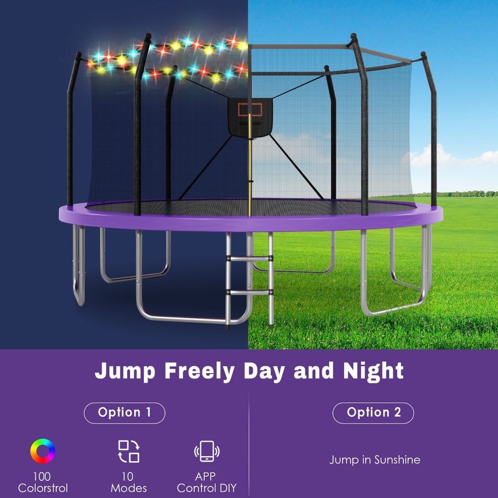 English Elm 14ft Backyard Trampoline with Led Lights Basketball Hoop and Galvanized Safety Frame N739P308480A