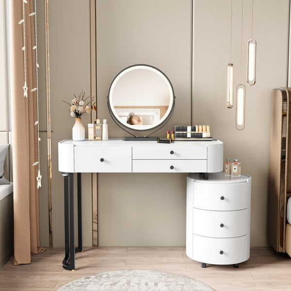 English Elm Modern Minimalist Vanity with Lighted Mirror Three Drawers and Cylindrical Side Cabinet W3767S00005