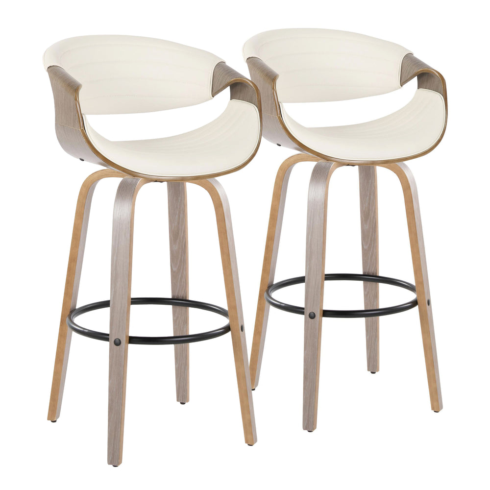 English Elm Symphony Mid-Century 30" Fixed-Height Swivel Barstool Set of 2 with Tufted Faux Leather Seat and Wood Legs White B202S00645