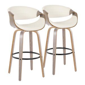 English Elm Symphony Mid-Century 30" Fixed-Height Swivel Barstool Set of 2 with Tufted Faux Leather Seat and Wood Legs White B202S00645