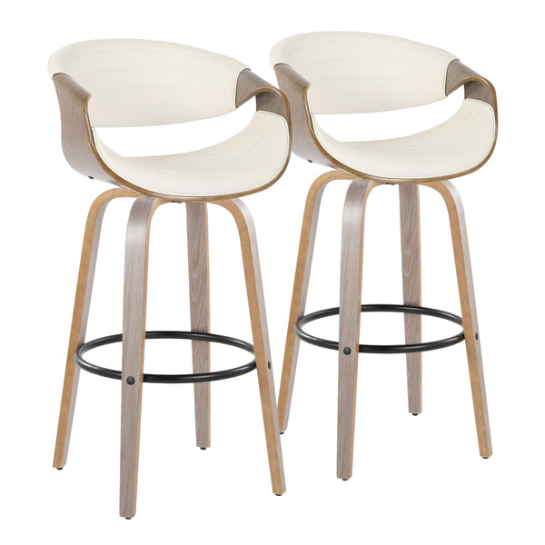 English Elm Symphony Mid-Century 30" Fixed-Height Swivel Barstool Set of 2 with Tufted Faux Leather Seat and Wood Legs White B202S00645