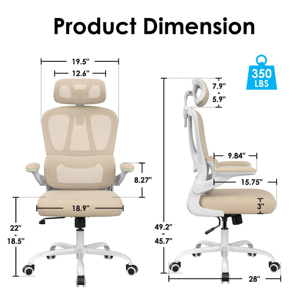 English Elm Ergonomic Mesh High Back Desk Chair with Lumbar Support Flip up Arms and Headrest Khaki,White T3623P434272