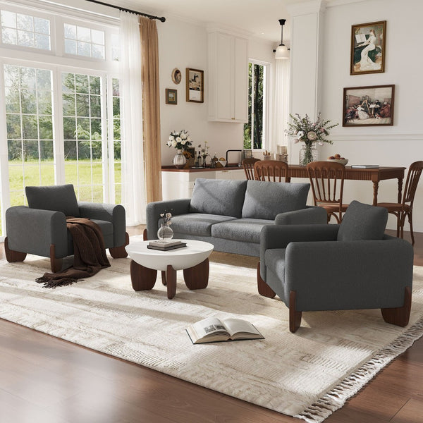 English Elm U_style Bouclé 3 Piece Living Room Sofa Set with Loveseat and Two Accent Armchairs Grey WY000479AAE