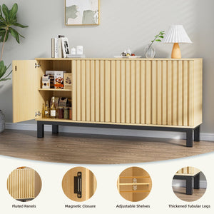 English Elm Sideboard Fluted Credenza with Soft Close Doors Walnut Finish Mid Century Storage T3773P417322